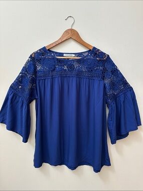 Casa Donna Royal Blue Crochet Yoke Bell Sleeve Blouse